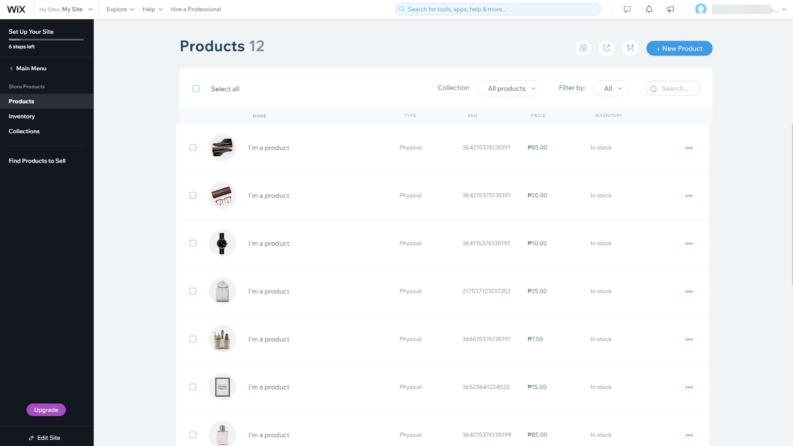 Wix's website builder's online store menu