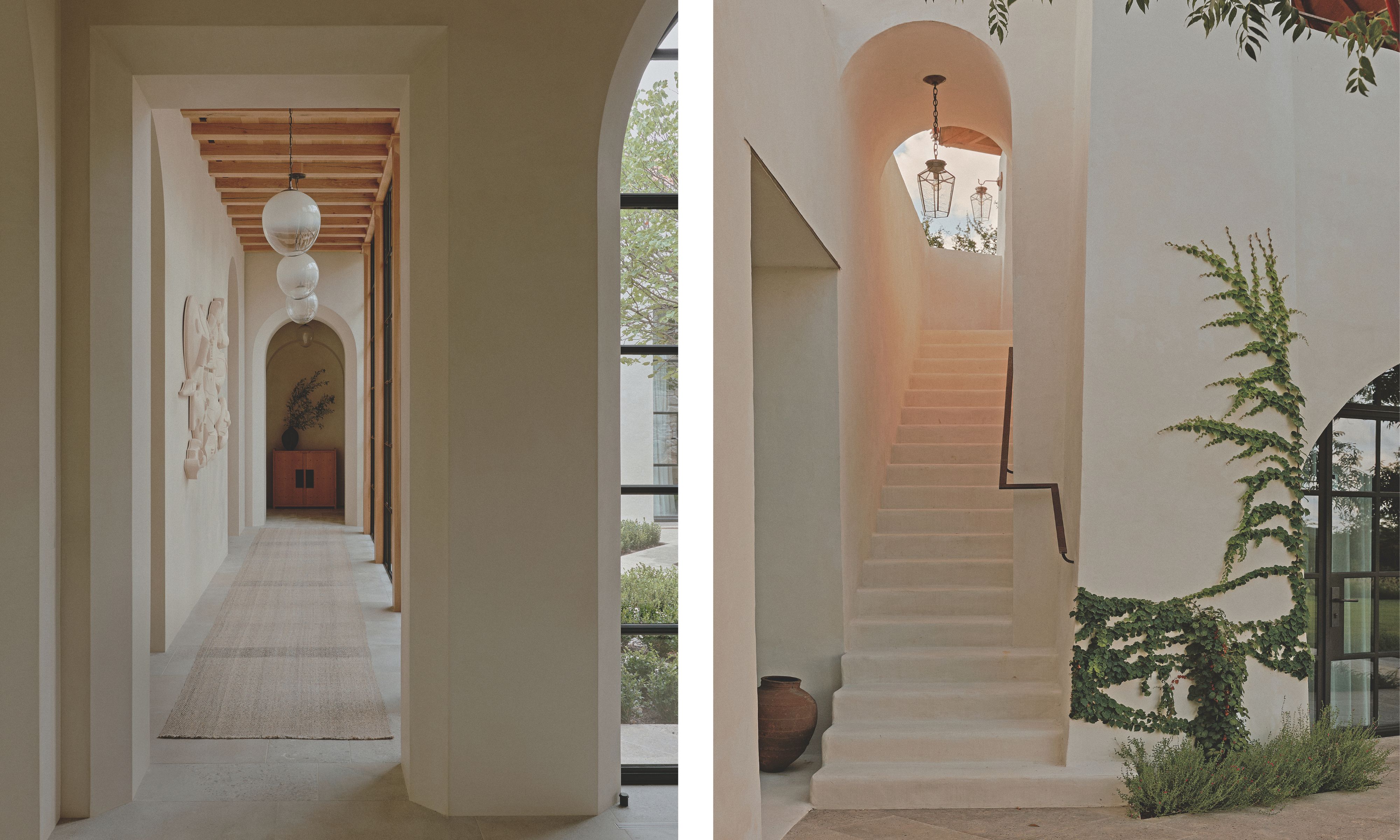 Left image: a long entryway with wood paneled ceilings and an arch at one end. Right image: Entryway leading up to a white staircase