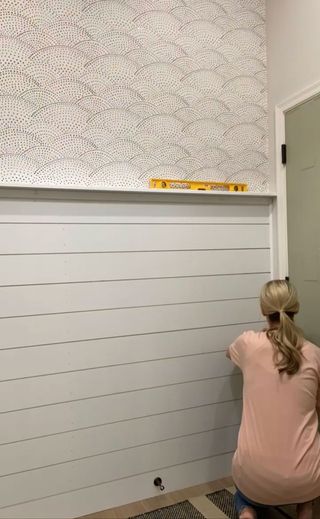 Shiplap half of wall in white
