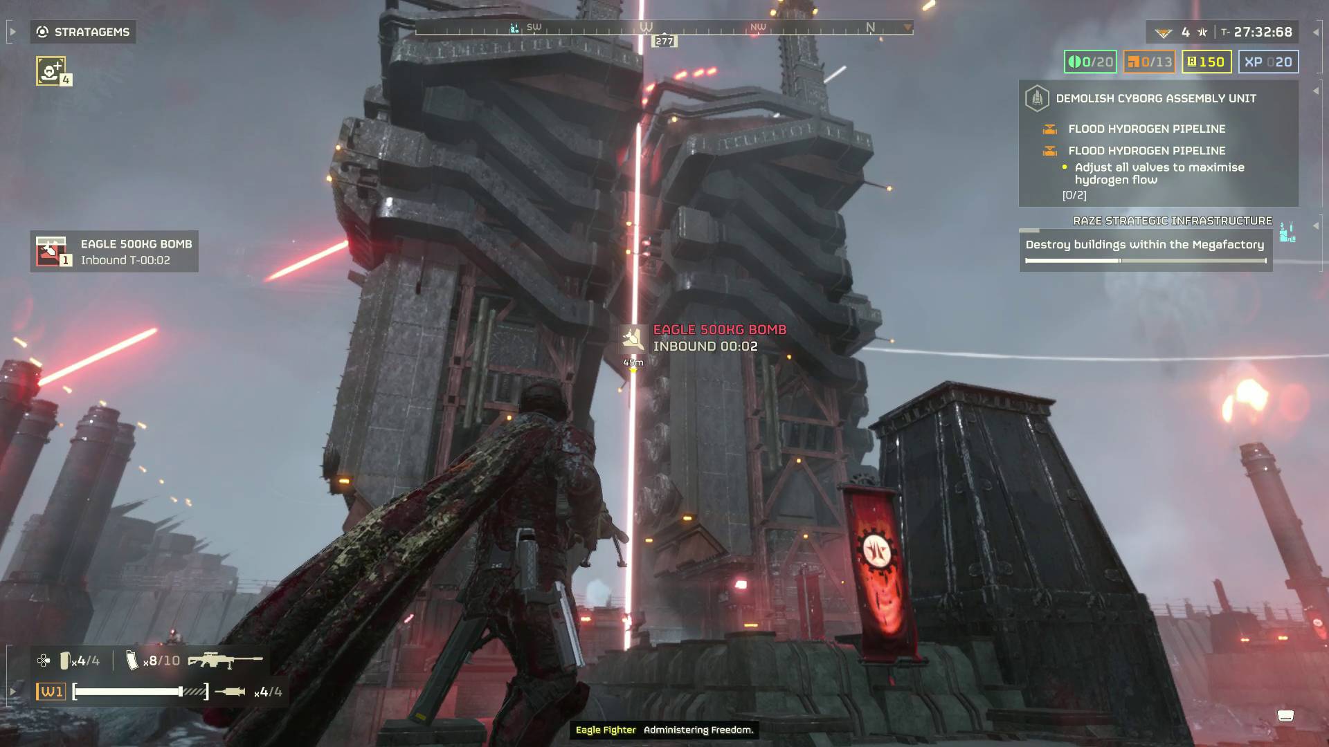 Helldivers 2 helldiver using Eagle 500kg bomb Stratagem to raze strategic infrastructure