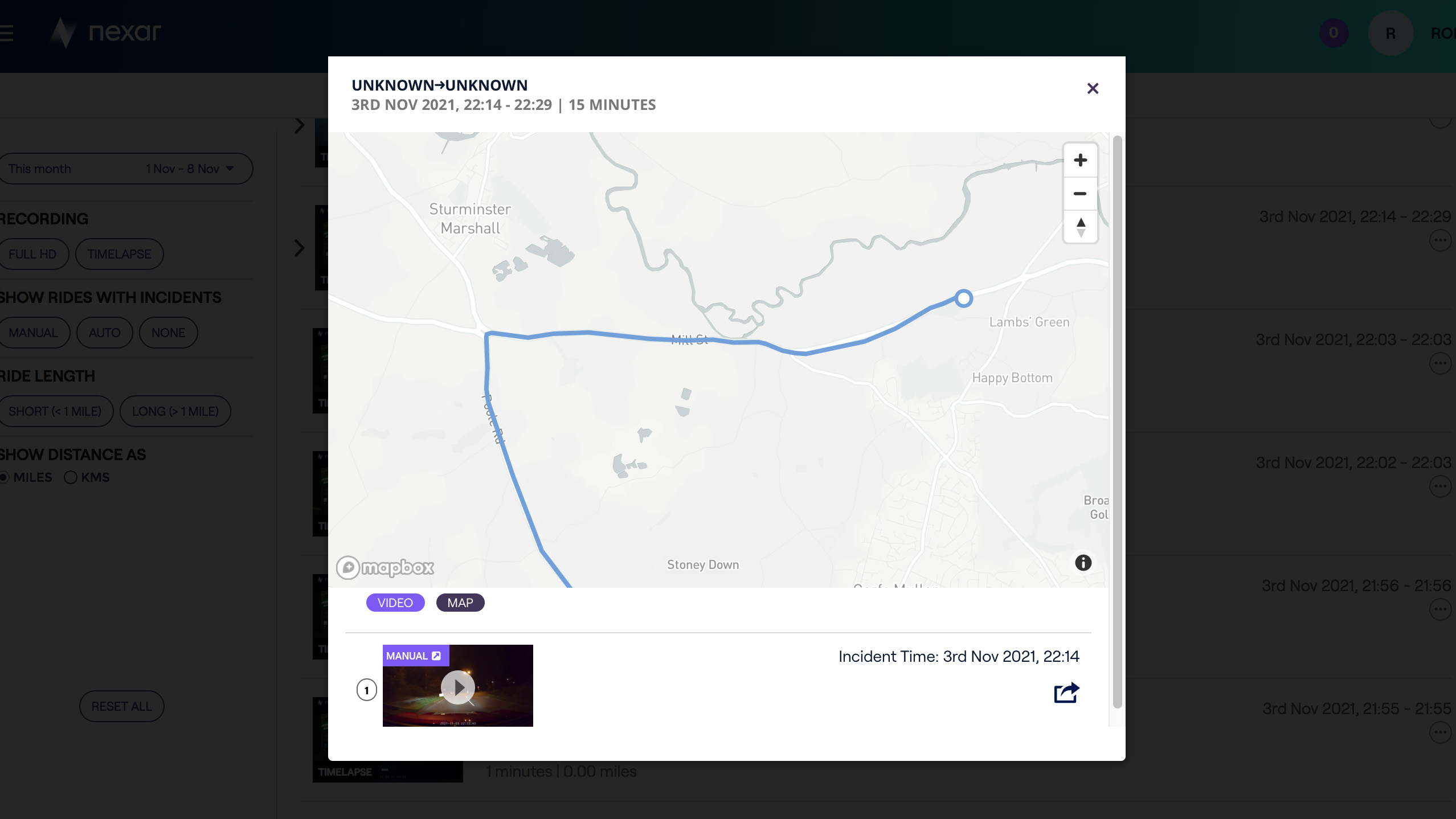 A screenshots of the Nexar Beam GPS map