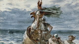 A painting of a Viking man on a boat wearing a horned helmet