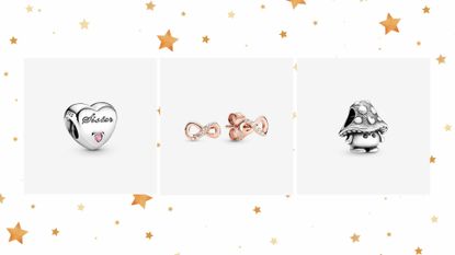 A composite image of three of the best Pandora Cyber Monday deals, on a white background with gold stars.
