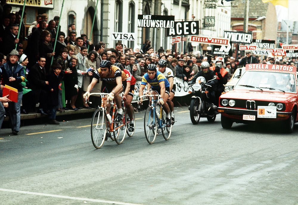 Eddie Merckx leading as the riders arrive in Meerbeke during the 1973 Tour of Flanders.