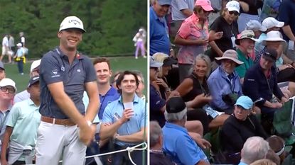 Sam Burns and a picture of a fan throwing his golf ball