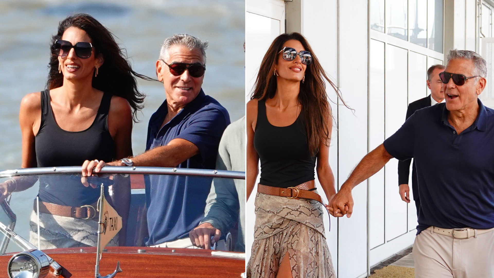 Amal Clooney Takes the Editor-Beloved Wedge Trend and a Sheer Snakeskin Skirt to Venice Film Festival