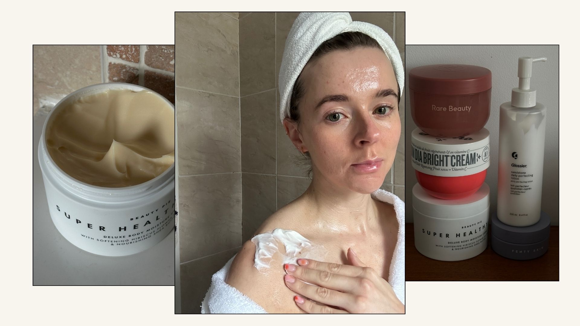 Collage of body creams and Grace Day applying a body cream to her skin