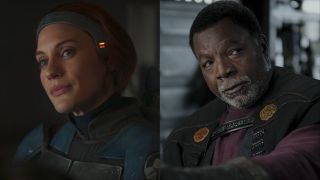 Katee Sackhoff as Bo-Katan Kryze and Carl Weathers as Greef Karga in The Mandalorian