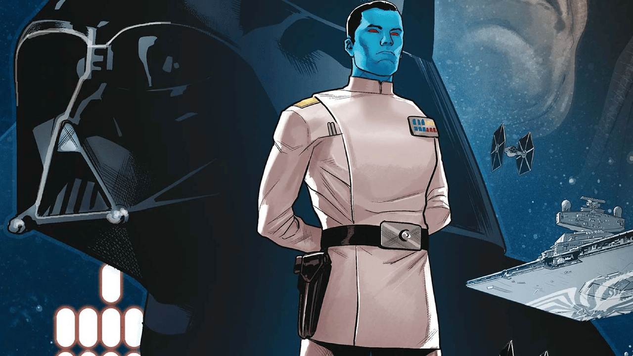 Here we see Grand Admiral Thrawn, a humanoid with striking blue skin, short dark hair and red eyes. He is wearing a white uniform with his hands behind his back. In the background is an image of a giant Darth Vader helmet.