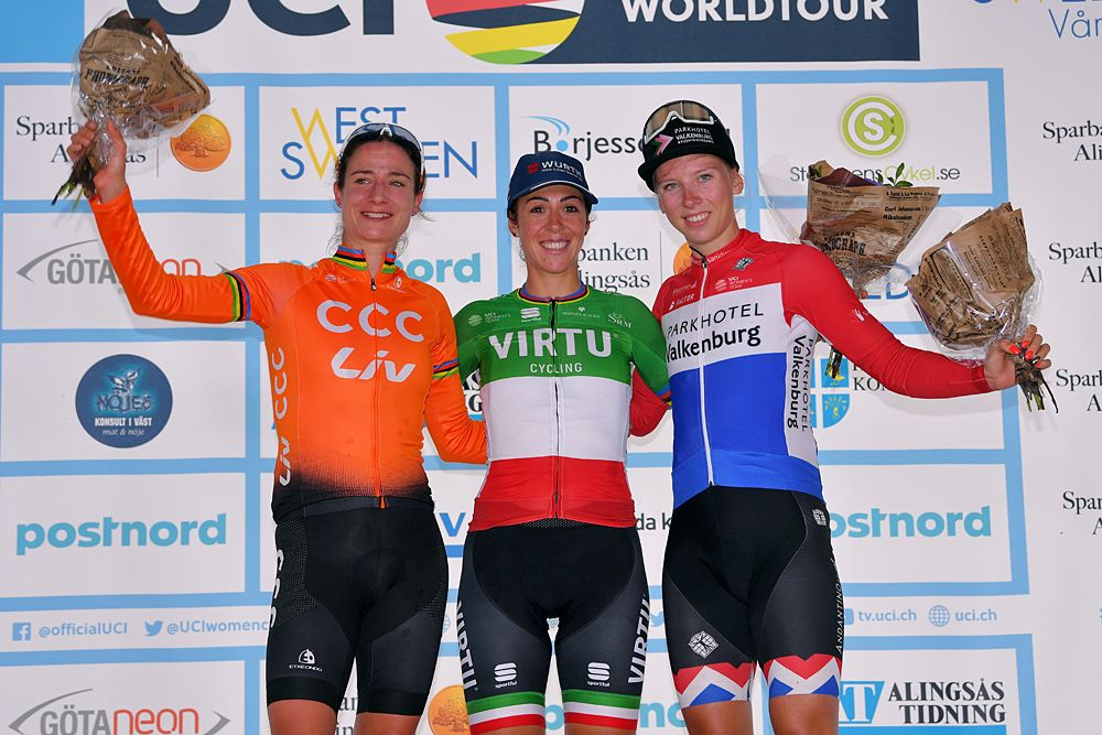 Marta Bastianelli (Virtu) wins Postnord Vargarda WestSweden, Marianne Vos (CCC-Liv) second and Lorena Wiebes (Parkhotel) third