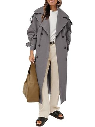 Farktop Womens Oversized Long Trench Coat Double Breasted Lapel Windproof Overcoat With Belt