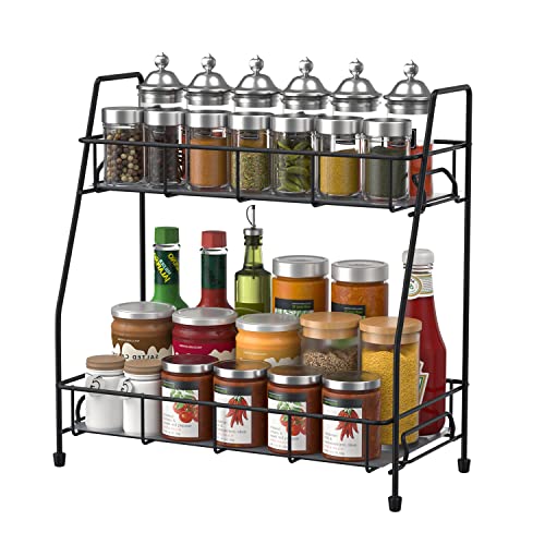 Bokiovin 2 Tier Spice Racks Organiser Free Standing for Kitchen Counter, Metal Bathroom Organizer Storage Rack for Countertop(black)