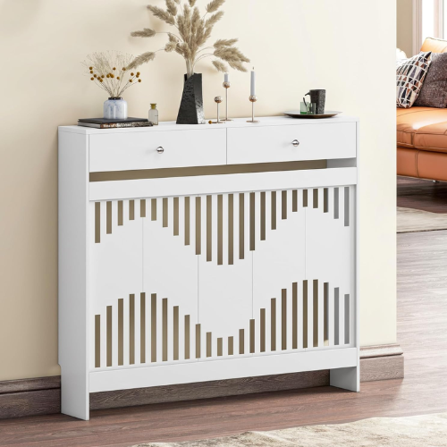 Luxstein Radiator Cover With Drawers, White Wooden Radiator Shelf Pipe Covers Cabinet With Wavy Grill for Living Room Bedroom Hallway, 109lx19wx95hcm