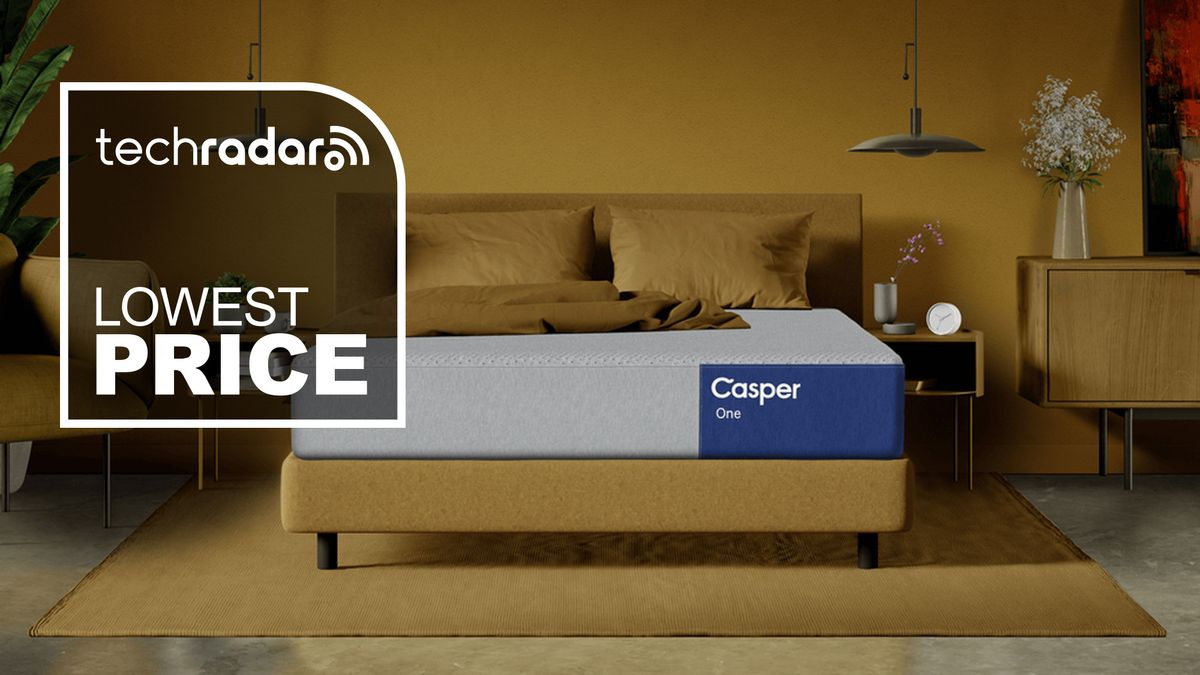 The Casper One Foam mattress in a bedroom with a graphic overlaid saying &quot;LOWEST PRICE&quot;