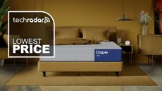 The Casper One Foam mattress in a bedroom with a graphic overlaid saying "LOWEST PRICE"