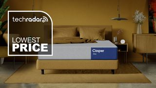 The Casper One Foam mattress in a bedroom with a graphic overlaid saying "LOWEST PRICE"