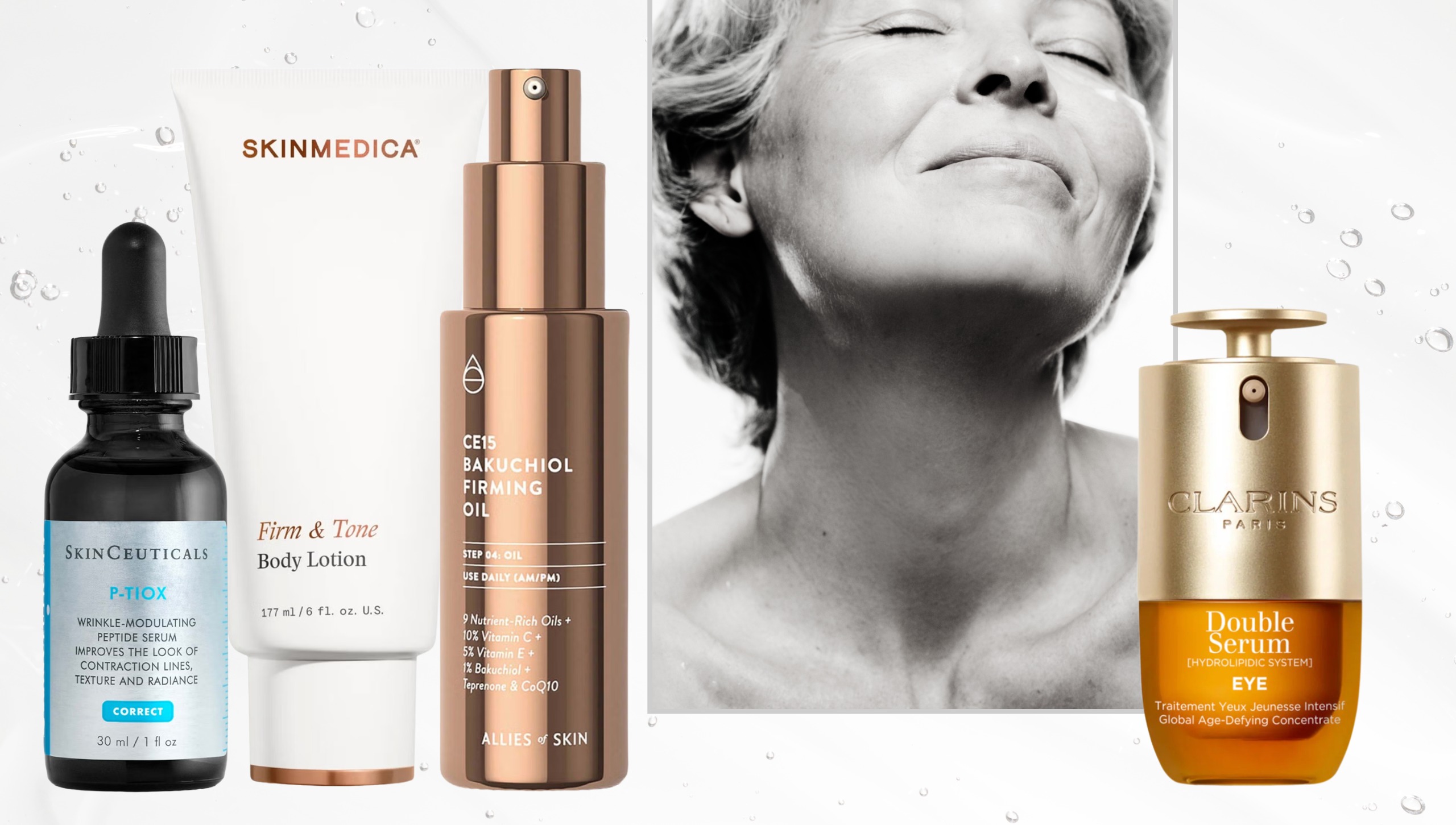 a mature woman framed out next to products to firm loose or sagging skin