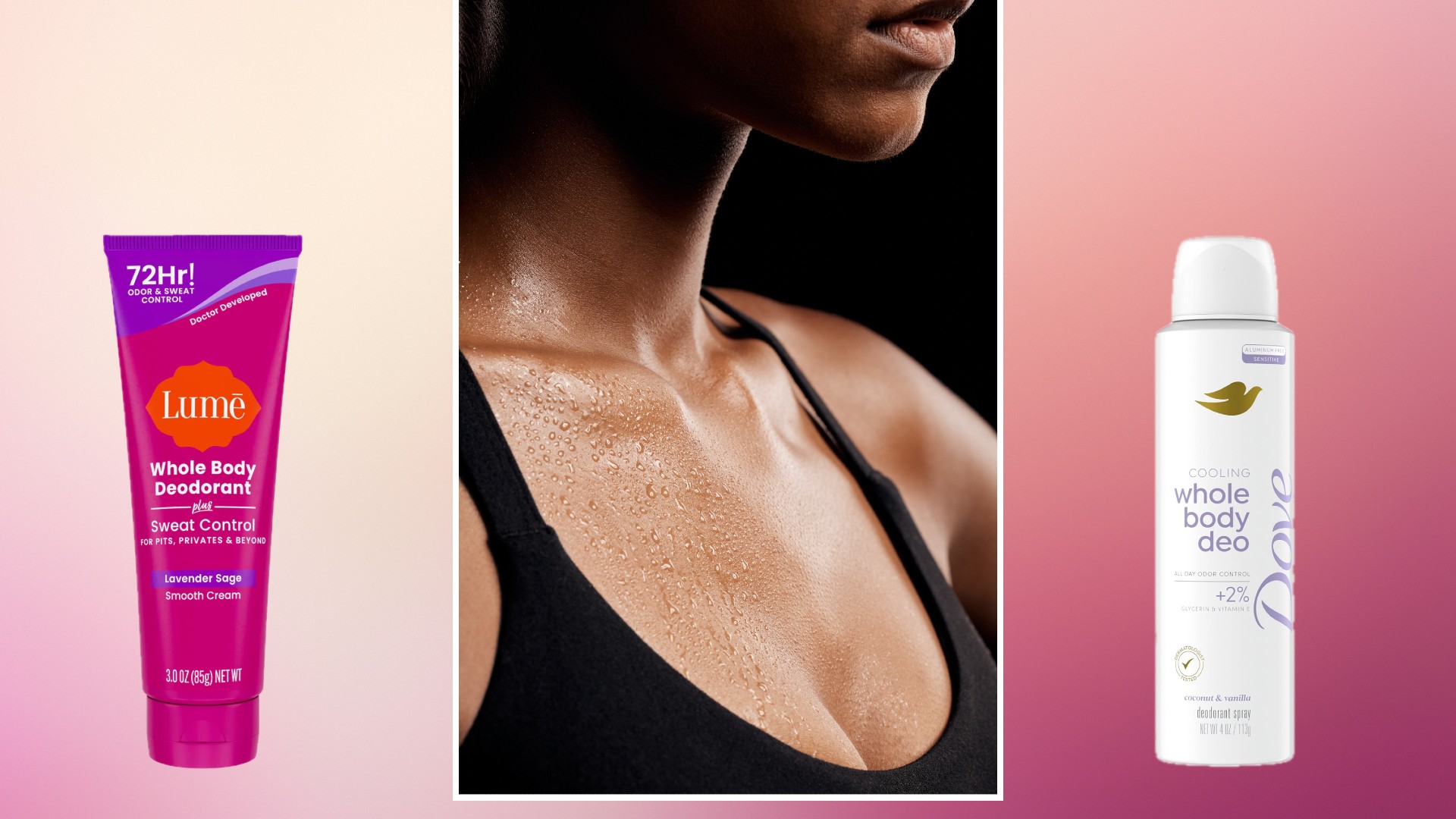a collage featuring two bottles of whole body deodorant next to a woman visibly sweating