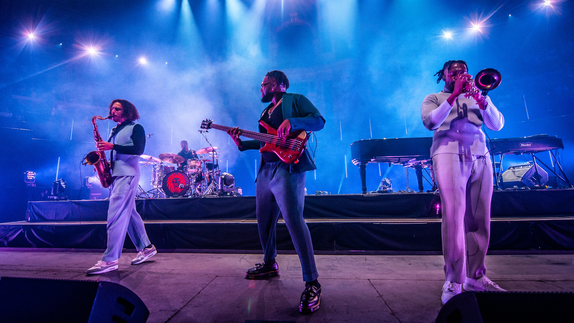 James Mollison, TJ Koleoso and Ife Ogunjobi of The Ezra Collective perform at Royal Albert Hall on November 07, 2023 in London, England.