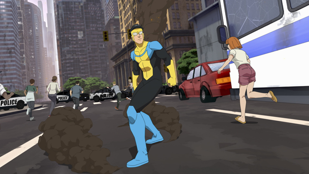 Mark Grayson's Invincible kicks up some dust on a road as he stares at something off-camera in Invincible season 1