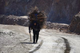 Image shows a woman carrying firewood on the Tizi n'Telouet pass in Morocco.