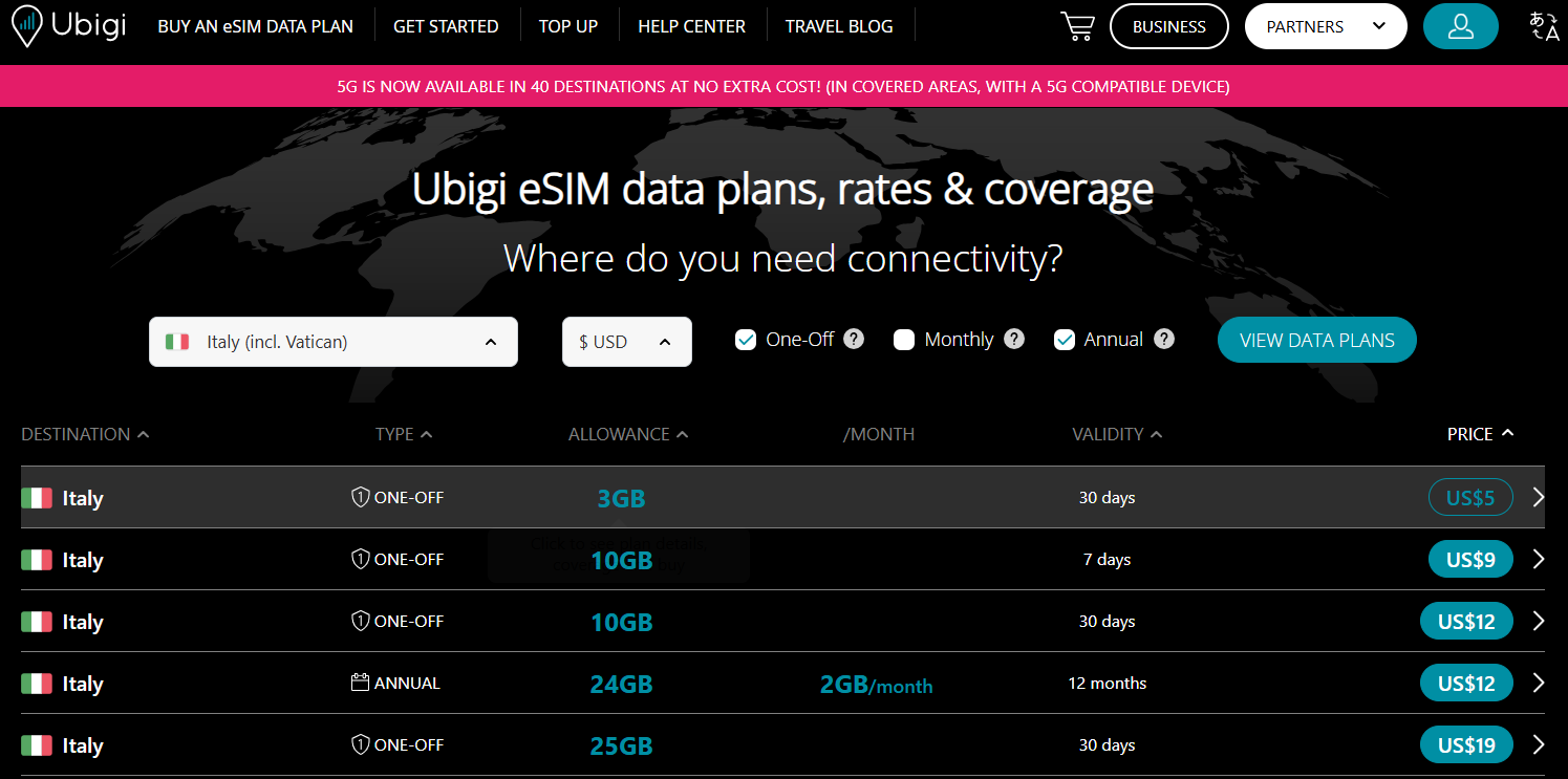 Ubigi Italy plan