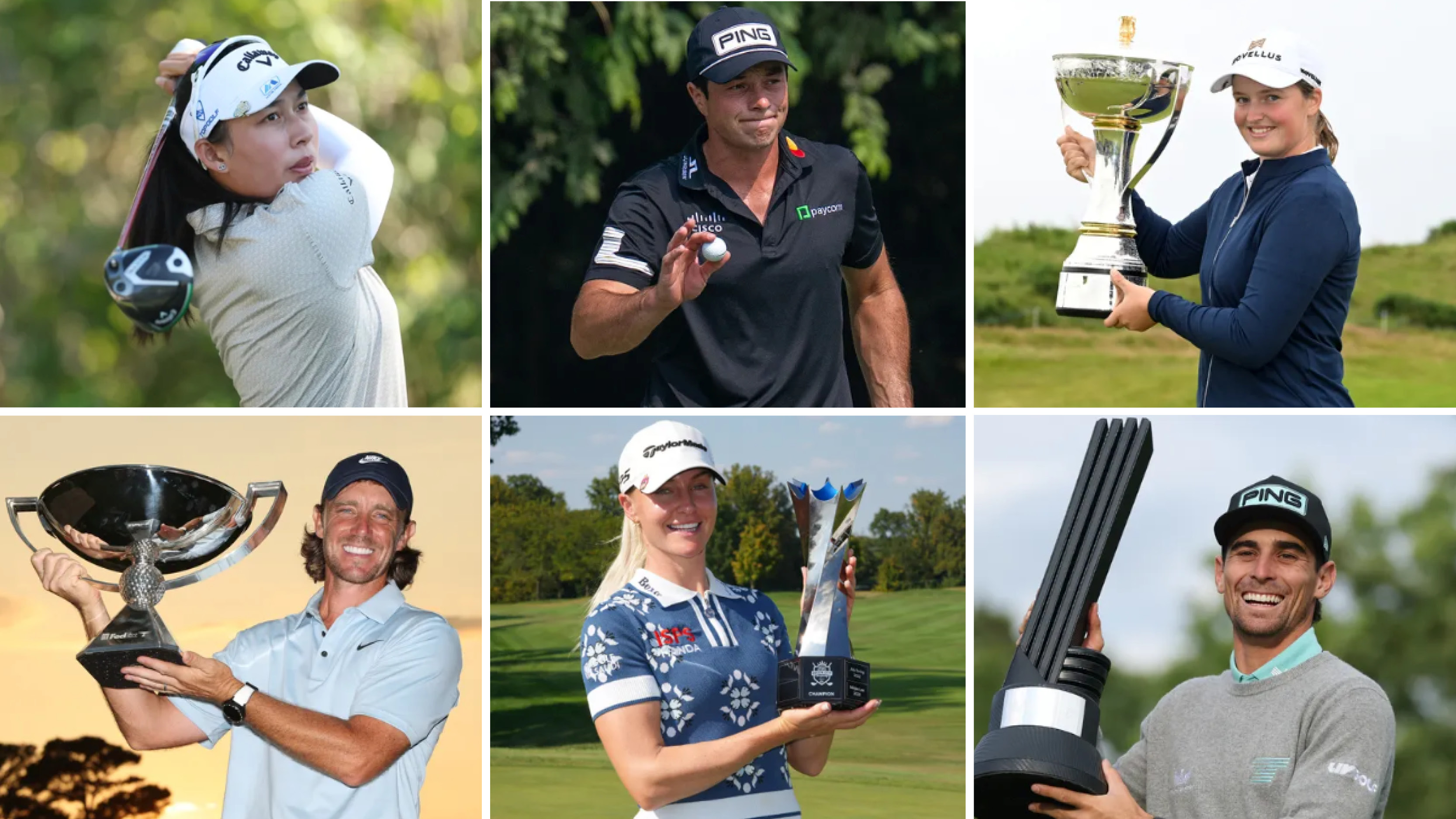 A montage featuring Jeeno Thitikul, Tommy Fleetwood, Viktor Hovland, Charley Hull, Lottie Woad and Joaquin Niemann