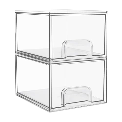 Vtopmart 2 Pack Stackable Storage Drawers, Acrylic Organiser With 16 Non-Slip Mat, Bathroom Organiser Storage for Dresser, Bathroom