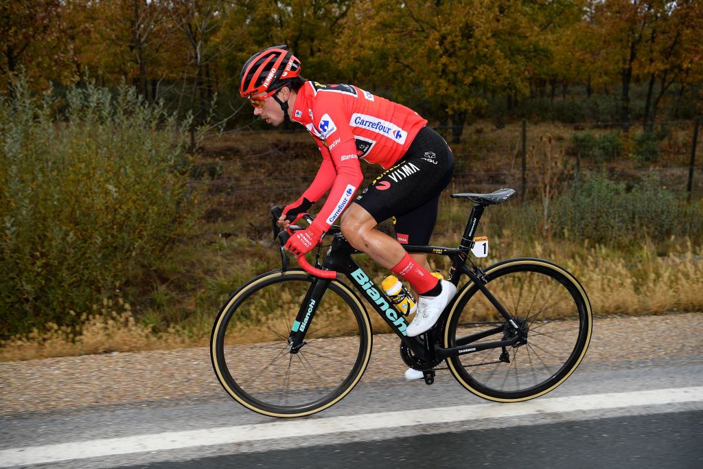 VINUESA SPAIN OCTOBER 22 Primoz Roglic of Slovenia and Team Jumbo Visma Red Leader Jersey during the 75th Tour of Spain 2020 Stage 3 a 1661km stage from Lodosa to La Laguna Negra Vinuesa 1735m lavuelta LaVuelta20 La Vuelta on October 22 2020 in Vinuesa Spain Photo by Justin SetterfieldGetty Images