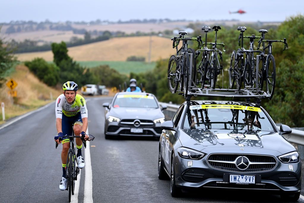 GEELONG AUSTRALIA JANUARY 29 Taco Van Der Hoorn of The Netherlands and Team Intermarch Circus Wanty competes in the breakaway during the 7th Cadel Evans Great Ocean Road Race 2023 Mens Elite a 1743km one day race from Geelong to Geelong CadelRoadRace on January 29 2023 in Geelong Australia Photo by Tim de WaeleGetty Images