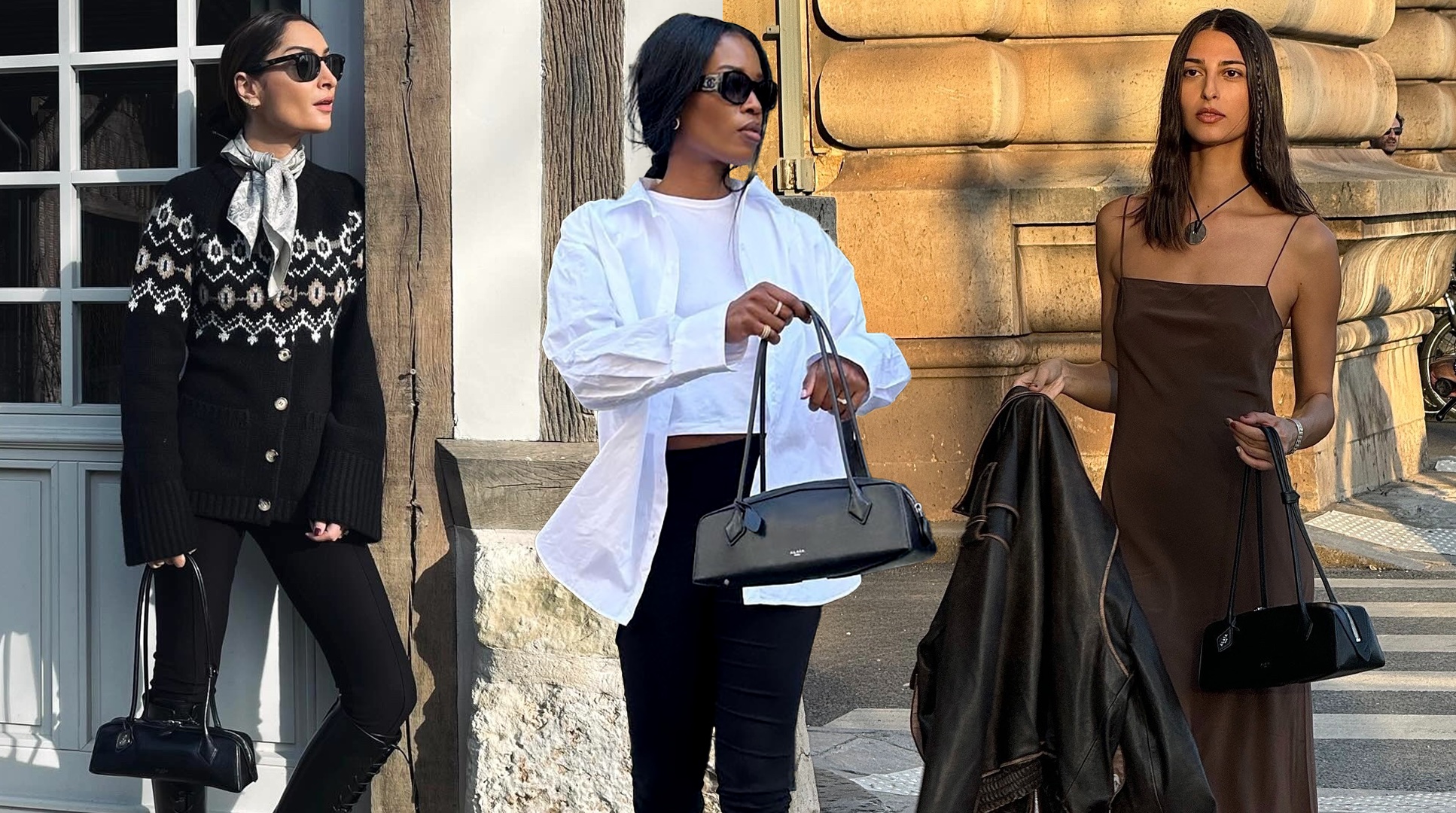fashion collage of three style influencers including Géraldine Boublil, Marilyn Nwawulor-Kazemaks, and Salomé Mory wearing chic outfits with the east west bag trend for 2025