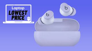 Arctic purple Beats Solo Buds against blue gradient background.