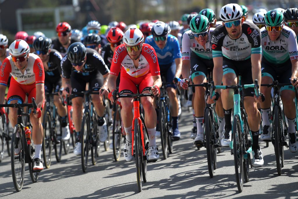 WAREGEM BELGIUM MARCH 31 Elia Viviani of Italy Andre Rodrigues de Carvalho of Portugal and Team Cofidis Nils Politt of Germany Pascal Ackermann of Germany and Team Bora Hansgrohe during the 75th Dwars Door Vlaanderen 2021 Mens Elite a 1841km race from Roeselare to Waregem DDV DDV21 FlandersClassic A travers la Flandre on March 31 2021 in Waregem Belgium Photo by Luc ClaessenGetty Images