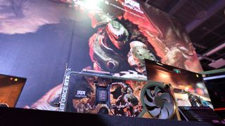 A Doom: The Dark Ages inspired RTX 5080 Astral shown off at Computex 2025.