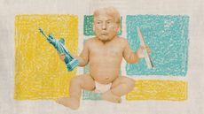 Photo collage of Donald Trump as a baby in a diaper, holding toys of the Statue of Liberty and the Washington Monument