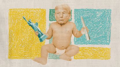 Photo collage of Donald Trump as a baby in a diaper, holding toys of the Statue of Liberty and the Washington Monument