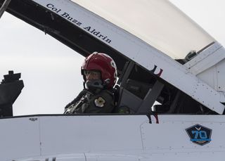 Apollo 11 astronaut Buzz Aldrin in the cockpit of one of the USAF Thunderbird jets. Aldrin flew with the demonstration team April 2.