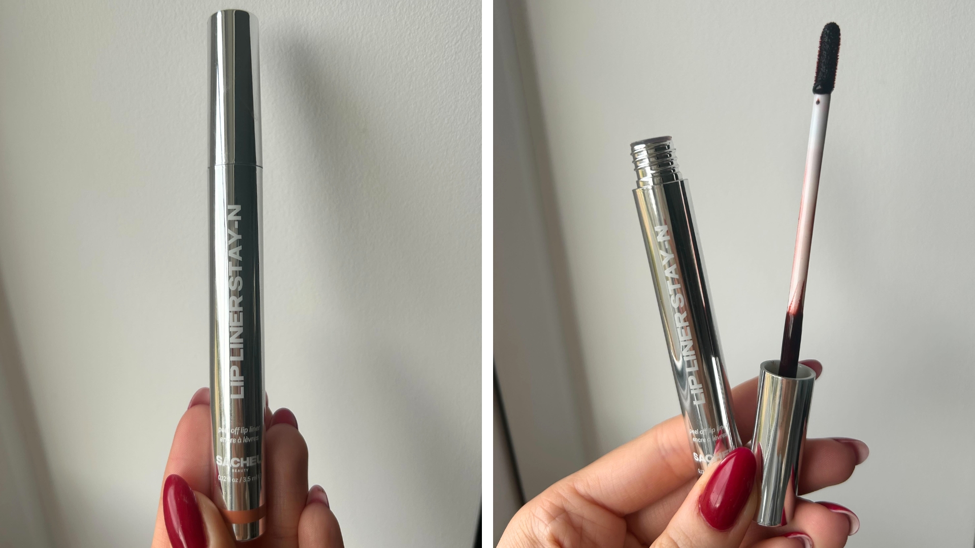 Collage of photos showing hand holding Sacheu Lip Liner Stain close and open