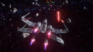 An X-wing flies through space in Double Damage's 2016 prototype game.