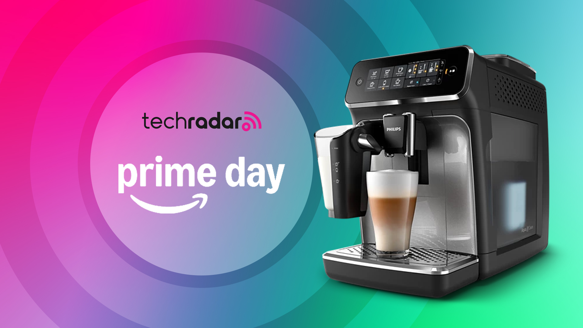 Philips 3200 LatteGo coffee machine on pink and green background with text reading &#039;TechRadar Prime Day&#039;