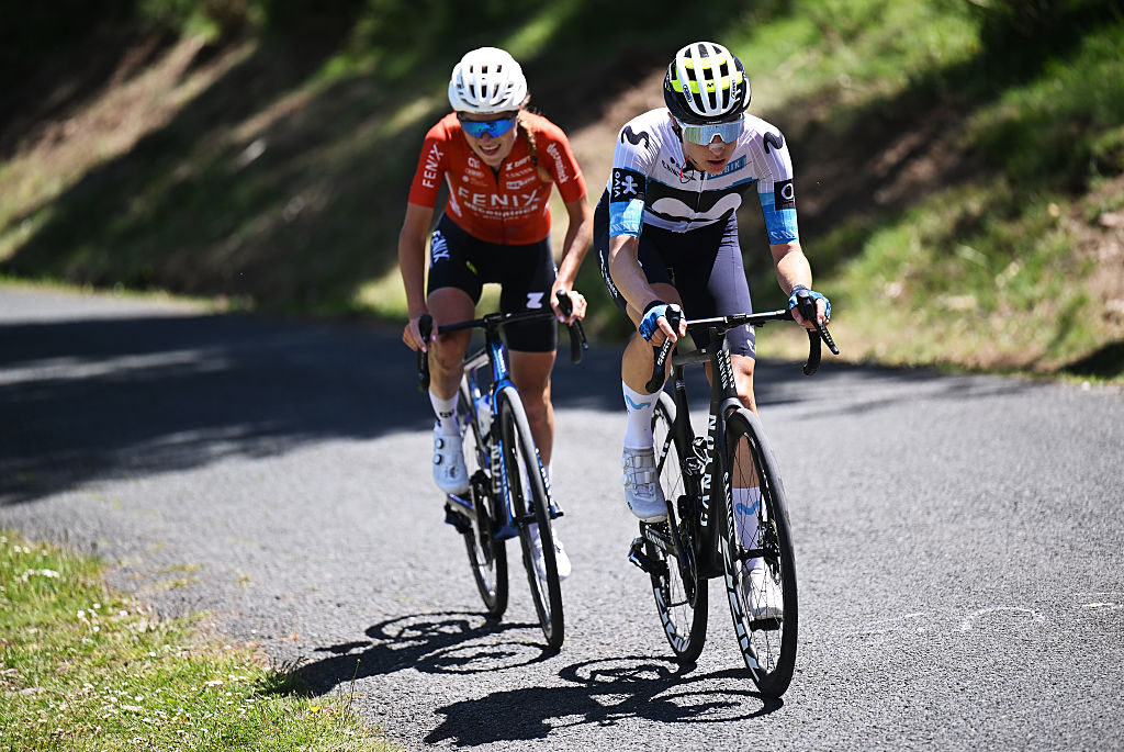 ESPINOSA DE LOS MONTEROS PICON BLANCO SPAIN MAY 24 LR Yara Kastelijn of Netherlands and Team FenixDeceuninck and Marlen Reusser of Switzerland and Movistar Team compete in the breakaway during the 10th Vuelta a Burgos Feminas 2025 Stage 3 a 95km stage from Valle de Valdebezana Soncillo to Espinosa de los Monteros Picon Blanco 1506m UCIWWT on May 24 2025 in Espinosa de los Monteros Picon Blanco Spain Photo by Szymon GruchalskiGetty Images