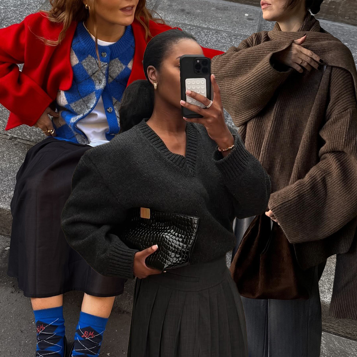 Rebecca Ferrazwyatt wears a black skirt with an argyle cardigan. Influencer Marilyn wears a high-neck V sweater and a heather grey pleated skirt. Annabel Rosendahl wears a brown scarf sweater with brown trousers. 