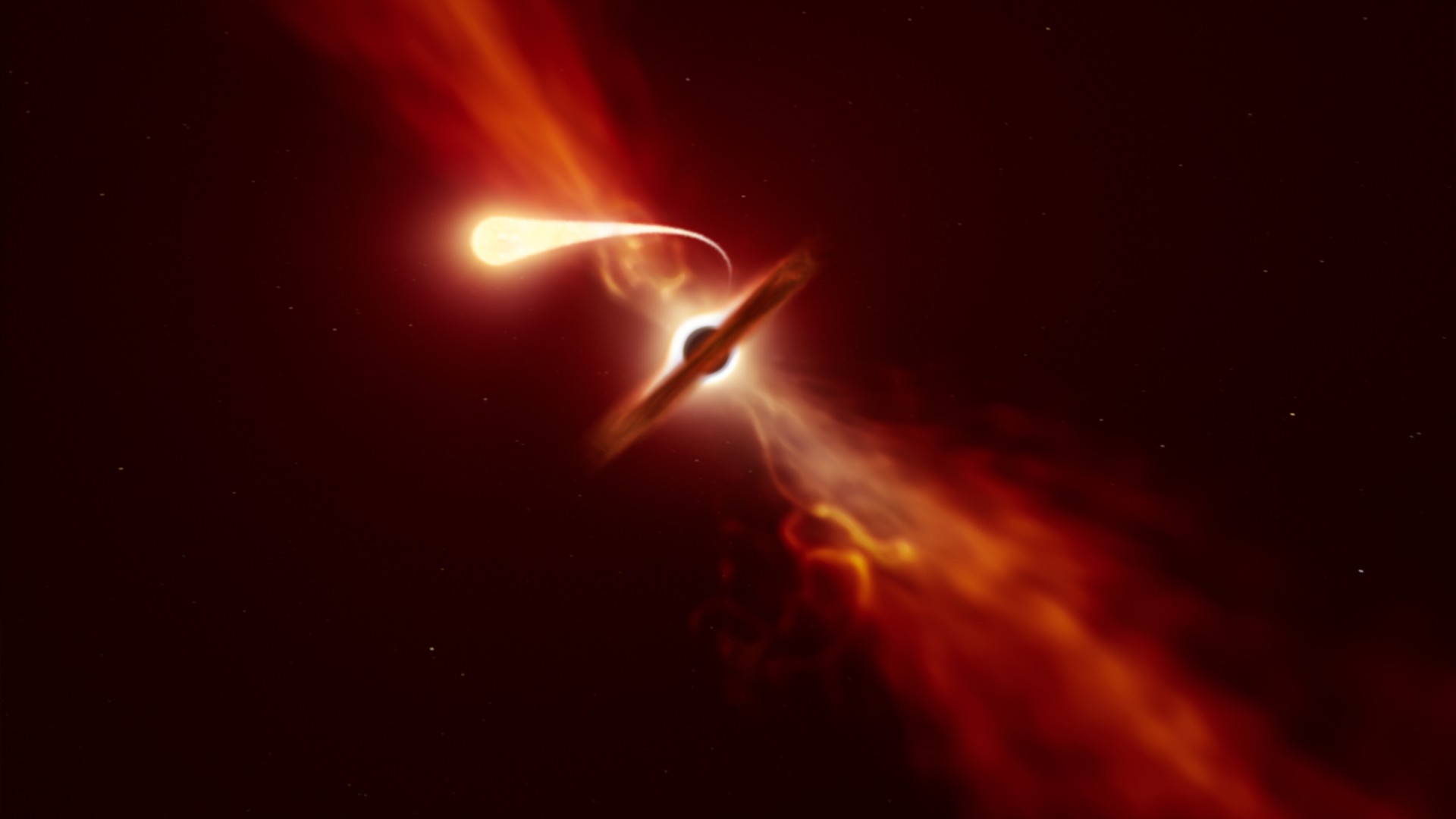 a bright red jet of light shooting in two directions in space