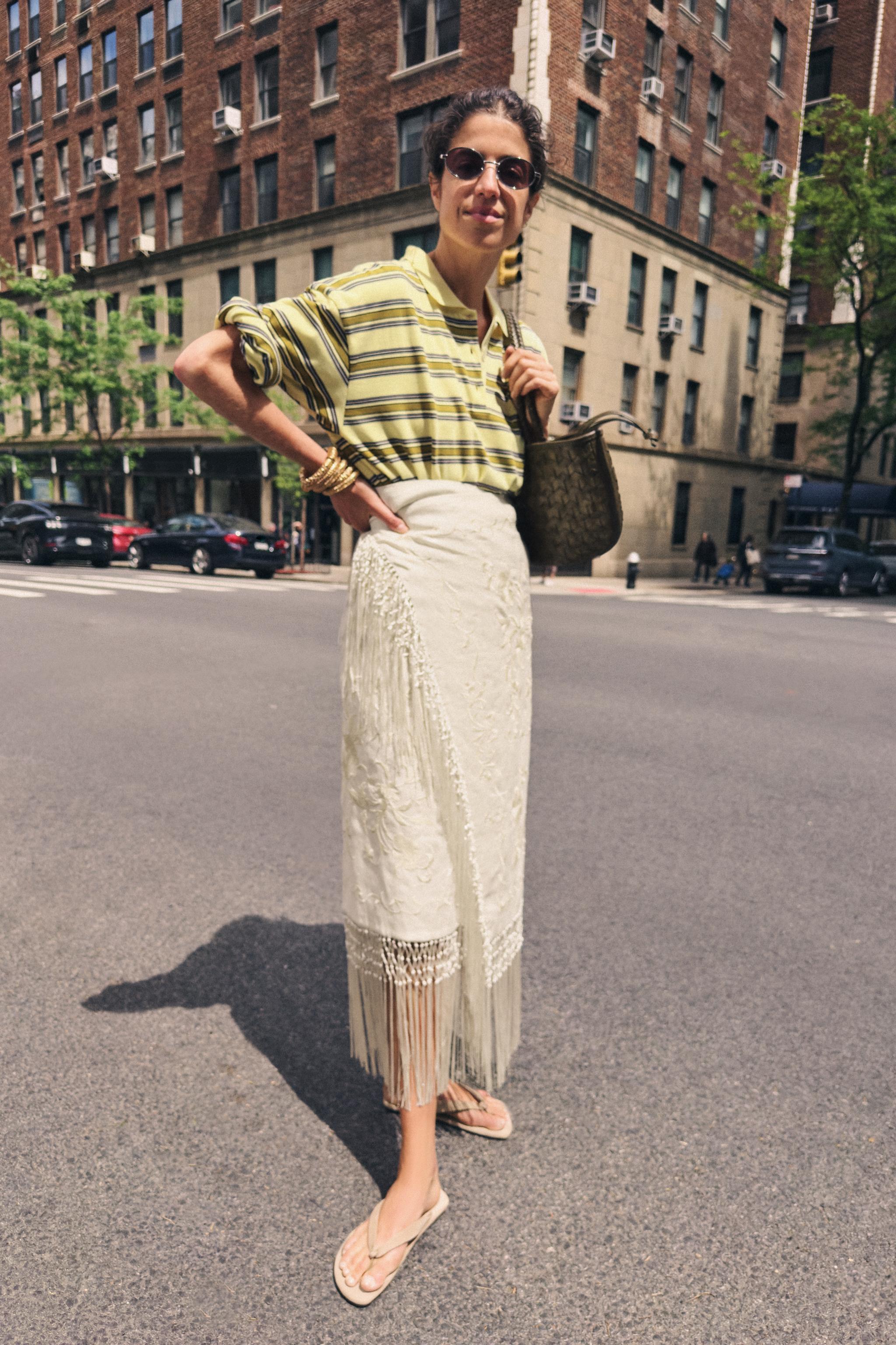 Zw Collection 100% Linen Embroidered Midi Skirt