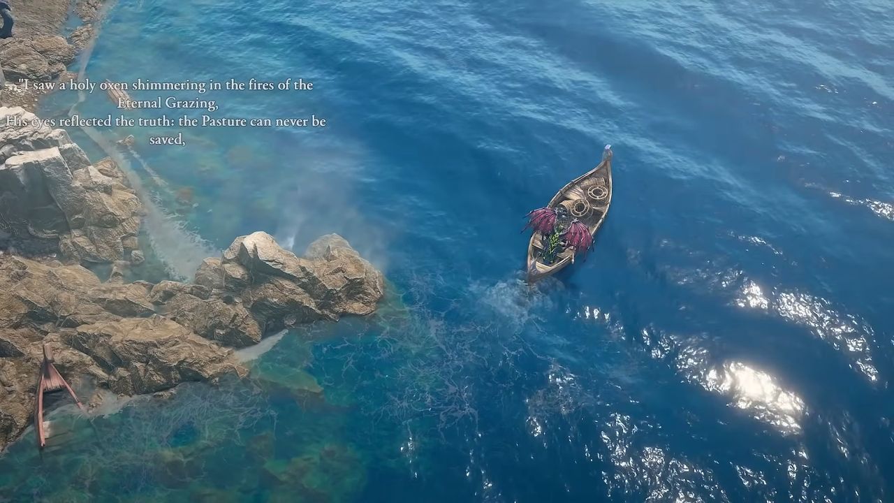 A small boat sails on a vibrant blue sea near rocky cliffs. The scene is serene, with sunlight reflecting on the water.