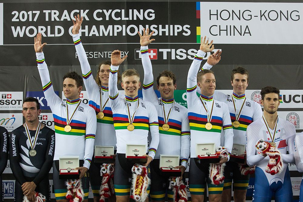 Australia celebrate their team pursuit title