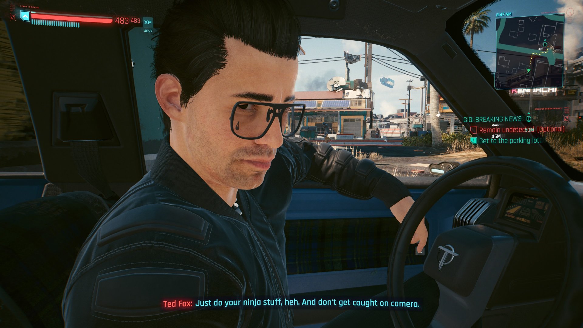 Cyberpunk 2077 screenshot of N54 reporter Ted Fox telling V not to get caught during the gig Breaking News