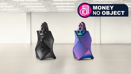 Bang & Olufsen Beolab 90 speakers in 'Phantom' and 'Mirage' editions in a gray room, with TR's 'Money no Object' franchise badge