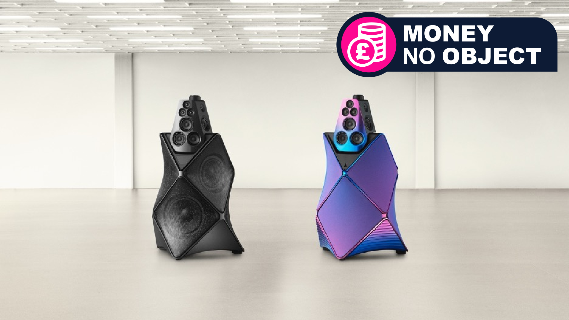 Bang &amp; Olufsen Beolab 90 speakers in &#039;Phantom&#039; and &#039;Mirage&#039; editions in a gray room, with TR&#039;s &#039;Money no Object&#039; franchise badge 