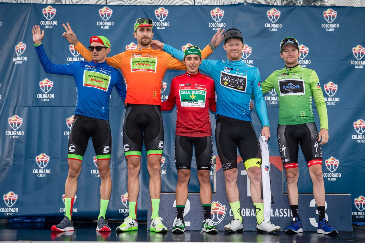 The first jersey wearers of the Colorado Classic on the podium